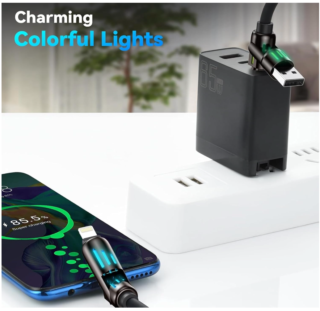 4-in-1 multi USB charging cable in use at a desk