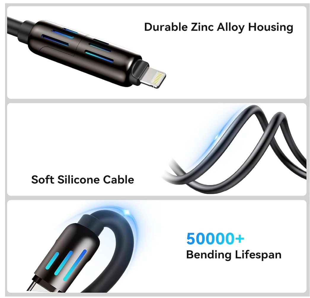 4-in-1 multi USB charging cable coiled for storage