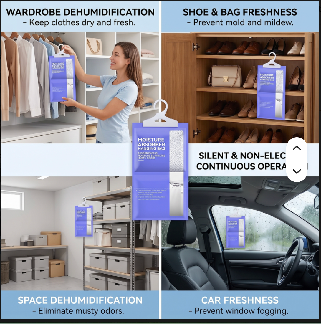 Moisture Absorber Hanging Bags for Closet & Wardrobe – Dehumidifier, Moisture & Odor Remover (10 Pack).